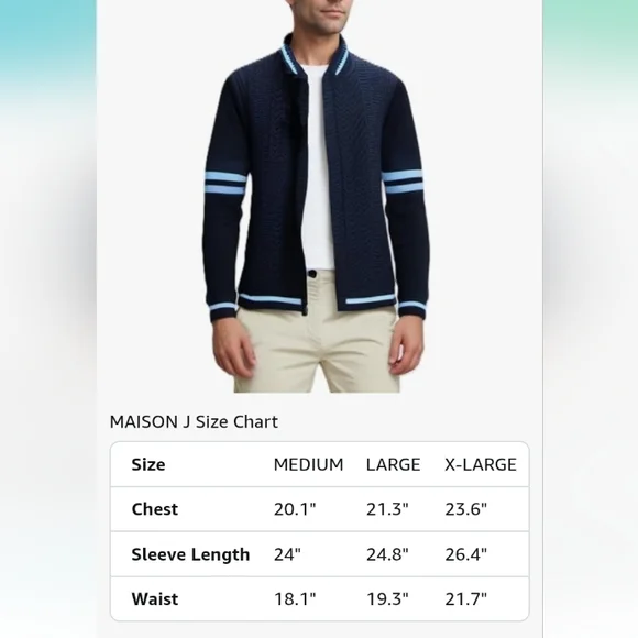 Full-Zip Cardigan Sweater, Knit Stand Collar, Sporty Casual M Blue - Picture 5 of 9